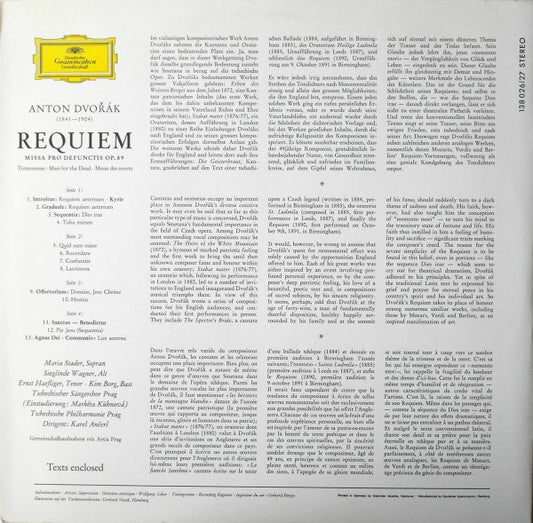 Antonín Dvořák - Maria Stader ‧ Sieglinde Wagner ‧ Ernst Haefliger ‧ Kim Borg ‧ The Czech Philharmonic Orchestra ‧ Dirigent: Karel Ančerl : Requiem Op. 89 (2xLP, RP, Gat)