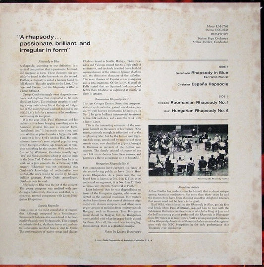 Boston Pops Orchestra / Arthur Fiedler : Rhapsody (LP, Album, RP)