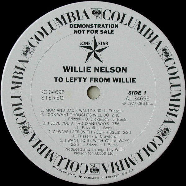 Willie Nelson : To Lefty From Willie (LP, Album, Promo)