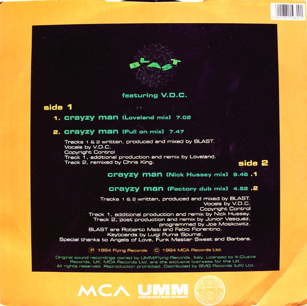Blast Featuring V.D.C. : Crayzy Man (12" Remix) (12", Single)