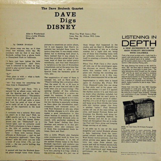 The Dave Brubeck Quartet : Dave Digs Disney (LP, Album, Mono, RE)