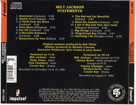 Milt Jackson - Statements vinyl record, CD (Mint (M)) | Lulo Records