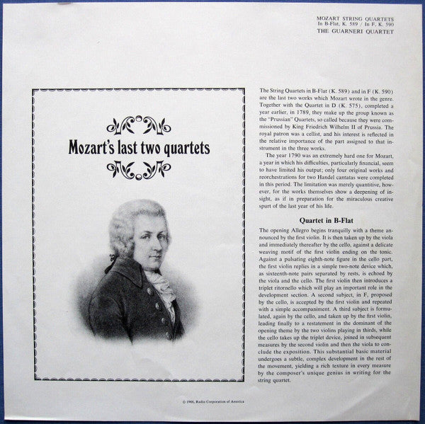 Wolfgang Amadeus Mozart, Guarneri Quartet : String Quartets (In B-Flat, K. 589 / In F, K. 590) (LP)