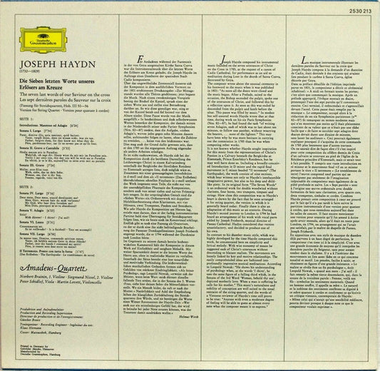 Joseph Haydn, Amadeus-Quartett - Die Sieben Letzten Worte Unseres Erlösers Am Kreuze = The Seven Last Words Of Our Saviour On The Cross vinyl record, LP (Near Mint (NM or M-)) | Lulo Records