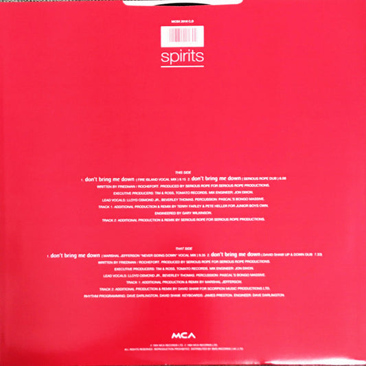 Spirits - Don't Bring Me Down vinyl record, 12" (Very Good Plus (VG+)) | Lulo Records