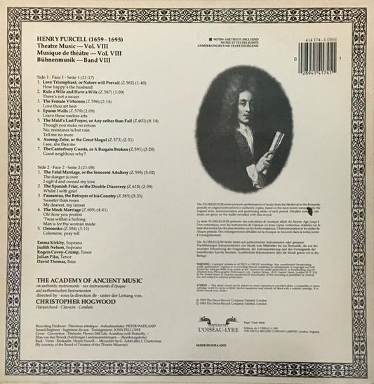 Henry Purcell - Emma Kirkby • Judith Nelson • Rogers Covey-Crump • David Thomas , The Academy Of Ancient Music, Christopher Hogwood - Theatre Music Vol. VIII vinyl record, LP (Near Mint (NM or M-)) | Lulo Records