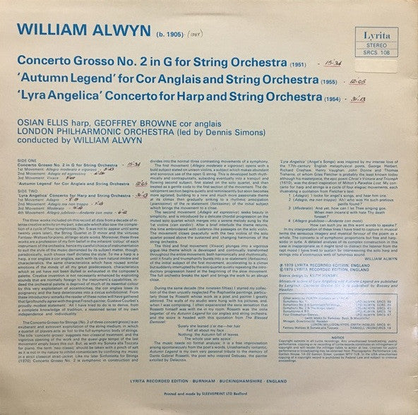 William Alwyn, Osian Ellis, London Philharmonic Orchestra : Lyra Angelica, Concerto Grosso No. 2, Autumn Legend (LP)