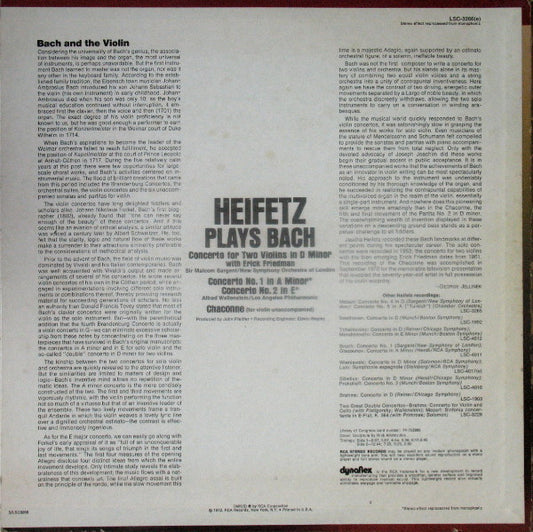 Jascha Heifetz Plays Johann Sebastian Bach : Concerto For Two Violins, Concertos Nos. 1 And 2, Chaconne (LP, Comp)