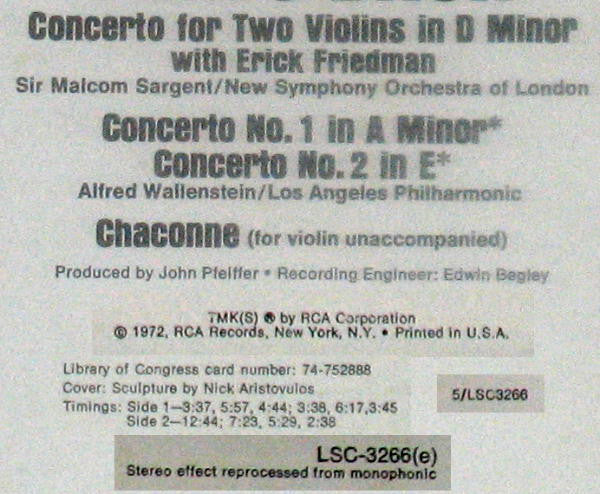 Jascha Heifetz Plays Johann Sebastian Bach : Concerto For Two Violins, Concertos Nos. 1 And 2, Chaconne (LP, Comp)