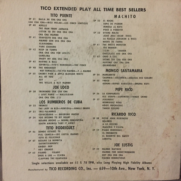 Tito Puente And His Orchestra : Merengue's & Cha Cha Cha's (7", EP)