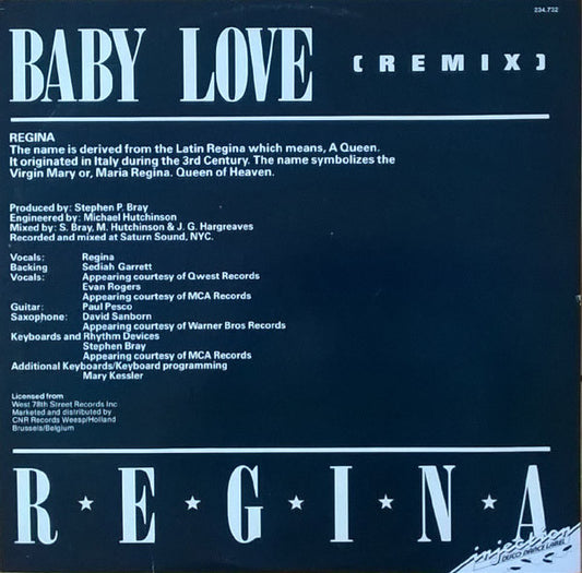 Regina - Baby Love (Remix) vinyl record, 12" (Very Good Plus (VG+)) | Lulo Records