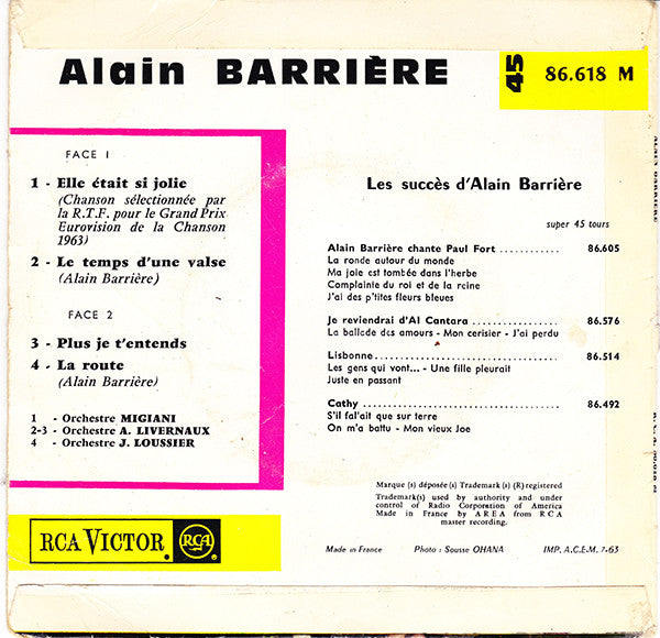 Alain Barrière : Elle Était Si Jolie (7", EP, Mono, RE, Jul)