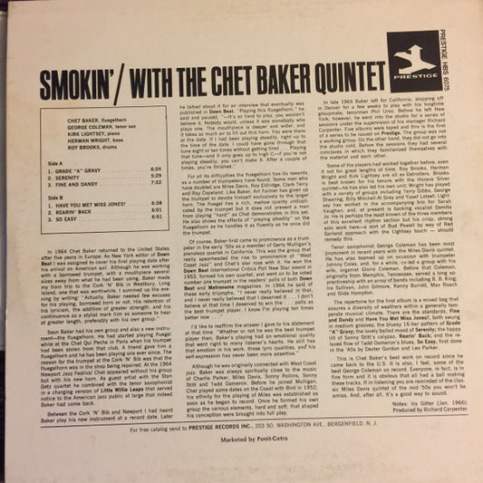The Chet Baker Quintet : Smokin' With The Chet Baker Quintet (LP, Album, RE)