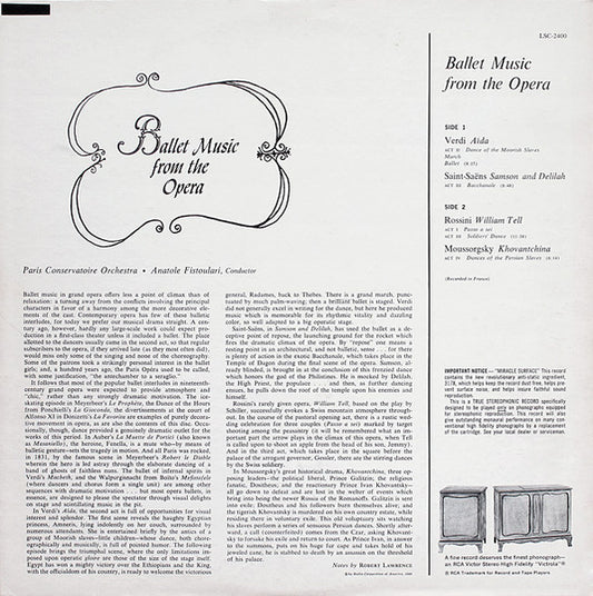 Orchestre De La Société Des Concerts Du Conservatoire, Anatole Fistoulari : Ballet Music From The Opera (LP, Album)