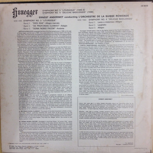 Arthur Honegger, Ernest Ansermet, L'Orchestre De La Suisse Romande : Ansermet Memorial Album - His Last Recordings: Honegger: Symphony No.3 "Liturgique"/Symphony No.4 "Deliciae Basilienses" (LP, Album)