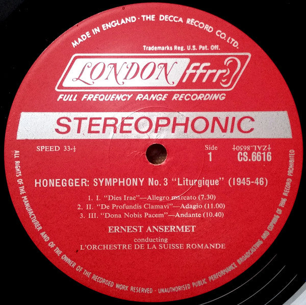 Arthur Honegger, Ernest Ansermet, L'Orchestre De La Suisse Romande : Ansermet Memorial Album - His Last Recordings: Honegger: Symphony No.3 "Liturgique"/Symphony No.4 "Deliciae Basilienses" (LP, Album)