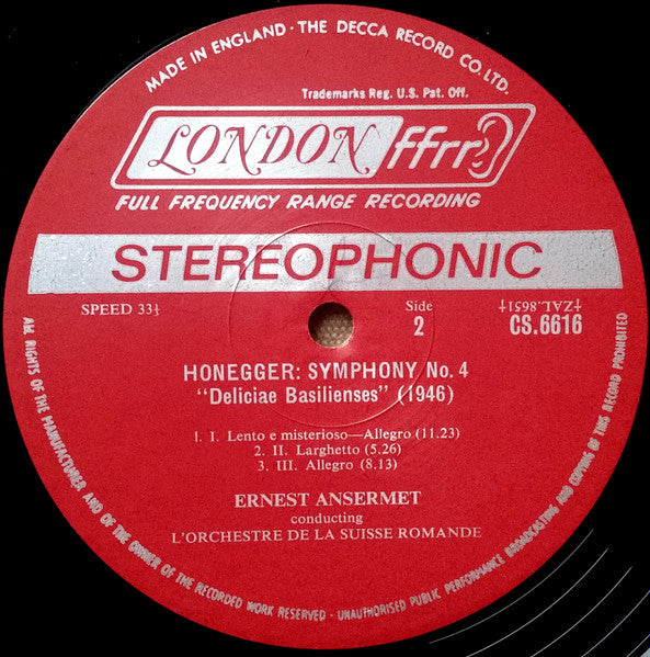 Arthur Honegger, Ernest Ansermet, L'Orchestre De La Suisse Romande : Ansermet Memorial Album - His Last Recordings: Honegger: Symphony No.3 "Liturgique"/Symphony No.4 "Deliciae Basilienses" (LP, Album)