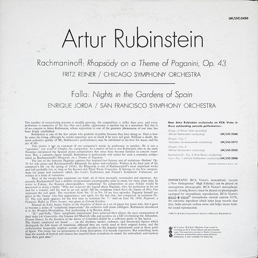 Sergei Vasilyevich Rachmaninoff, Arthur Rubinstein, Chicago Symphony Orchestra, Fritz Reiner, Manuel De Falla, San Francisco Symphony, Enrique Jordá - Rhapsody On A Theme Of Paganini / Nights In The Gardens Of Spain vinyl record, LP (Near Mint (NM or M-)) | Lulo Records