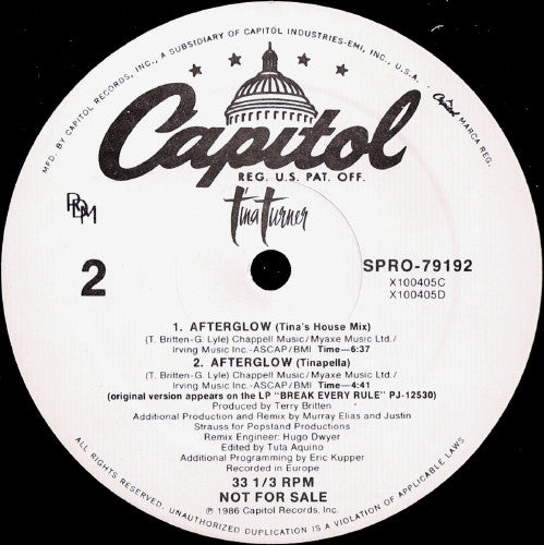 Tina Turner : Afterglow (12", Promo)