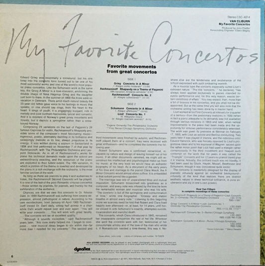 Van Cliburn - My Favorite Concertos vinyl record, LP (Near Mint (NM or M-)) | Lulo Records