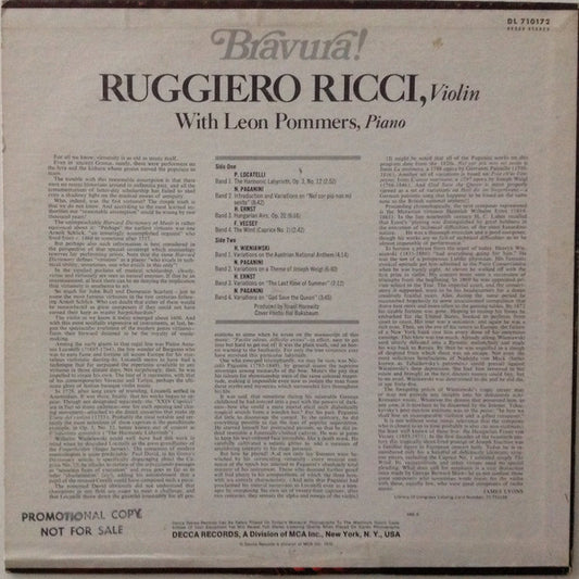 Ruggiero Ricci With Leon Pommers : Bravura! - Virtuoso Showstoppers By Locatelli, Paganini, Ernst, Vecsey, Wieniawski (LP)