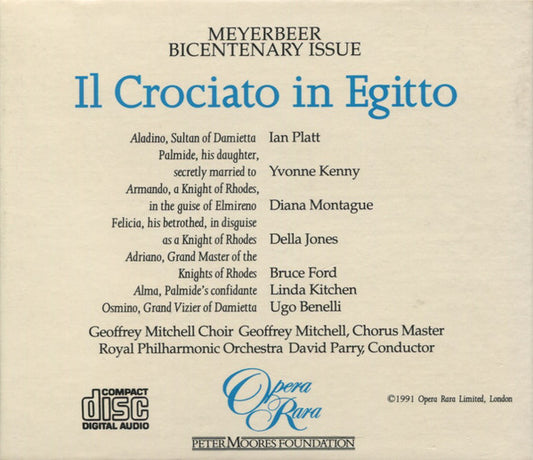 Giacomo Meyerbeer / Diana Montague, Yvonne Kenny, Della Jones, Bruce Ford, Ian Platt, Linda Kitchen, Ugo Benelli, Royal Philharmonic Orchestra, David Parry - Il Crociato In Egitto vinyl record, 4xCD (Near Mint (NM or M-)) | Lulo Records