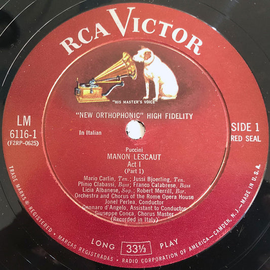 Giacomo Puccini - Licia Albanese • Jussi Björling • Robert Merrill • Jonel Perlea • Orchestra Del Teatro Dell'Opera Di Roma And Coro Del Teatro Dell'Opera Di Roma - Manon Lescaut (Complete) vinyl record, 3xLP (Near Mint (NM or M-)) | Lulo Records