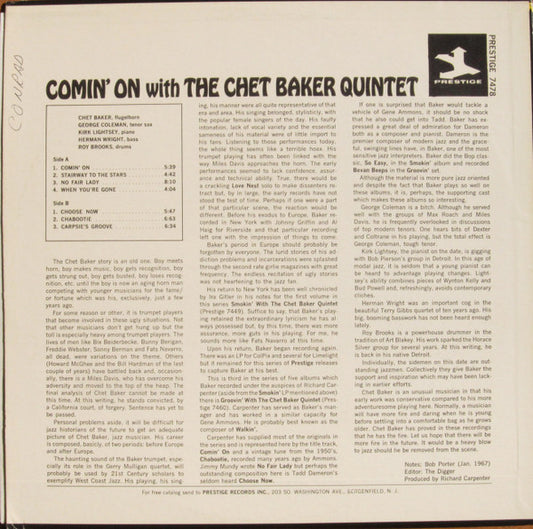 The Chet Baker Quintet : Comin' On With The Chet Baker Quintet (LP, Album, RE)