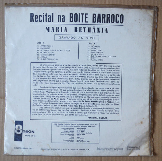 Maria Bethânia : Recital Na Boite Barroco (LP, Album, Mono, San)