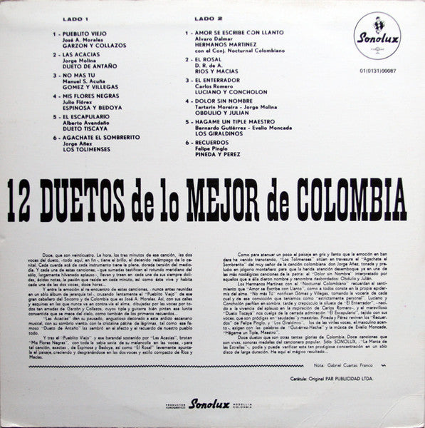 Various : 12 Duetos De Lo Mejor De Colombia (LP, Comp, RE)