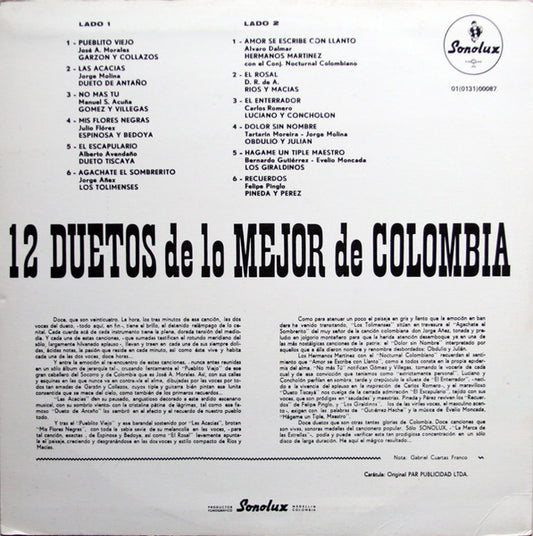 Various - 12 Duetos De Lo Mejor De Colombia vinyl record, LP (Near Mint (NM or M-)) | Lulo Records