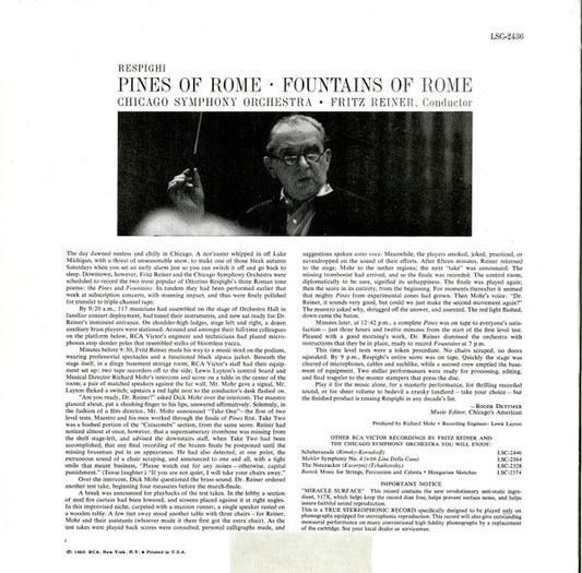 Ottorino Respighi, Fritz Reiner / Chicago Symphony Orchestra : Pines Of Rome / Fountains Of Rome (LP, RP)