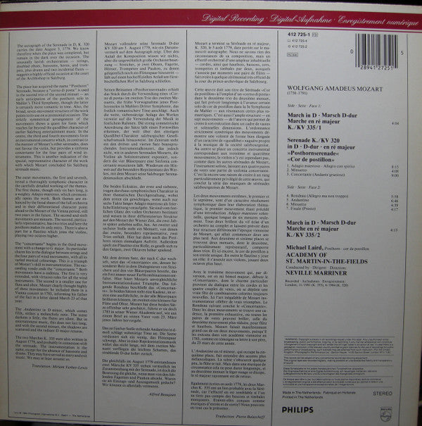 Wolfgang Amadeus Mozart, Sir Neville Marriner : Serenade KV320 "Posthorn" / 2 Marches (LP)