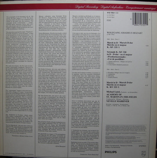 Wolfgang Amadeus Mozart, Sir Neville Marriner - Serenade KV320 "Posthorn" / 2 Marches vinyl record, LP (Near Mint (NM or M-)) | Lulo Records