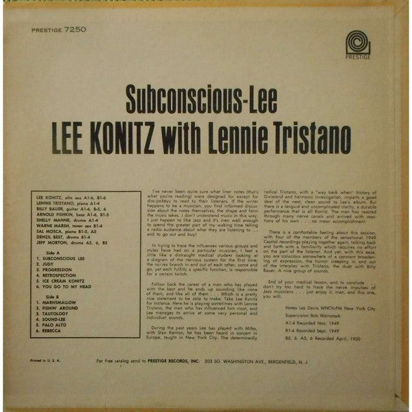 Lee Konitz With Lennie Tristano : Subconscious-Lee (LP, Comp, Mono, RE)