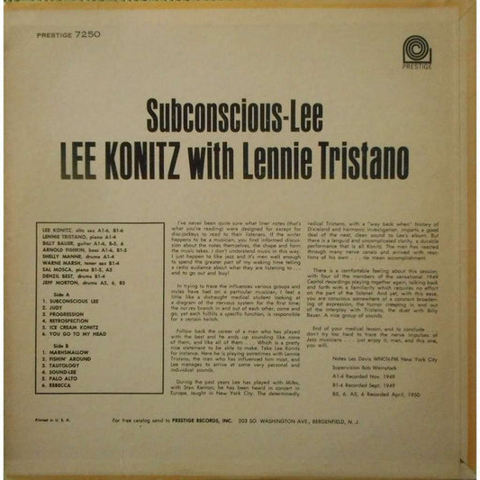 Lee Konitz With Lennie Tristano : Subconscious-Lee (LP, Comp, Mono, RE)