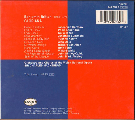 Benjamin Britten - Josephine Barstow • Philip Langridge • Alan Opie • Yvonne Kenny • Della Jones • Jonathan Summers • Welsh National Opera • Sir Charles Mackerras - Gloriana vinyl record, 2xCD (Near Mint (NM or M-)) | Lulo Records