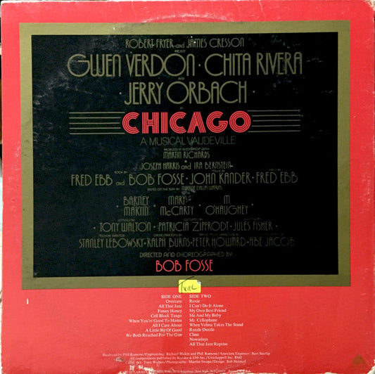 "Chicago" Original Broadway Cast, John Kander, Fred Ebb - Gwen Verdon, Chita Rivera, Jerry Orbach : Chicago (A Musical Vaudeville) (LP, Album, Pet)