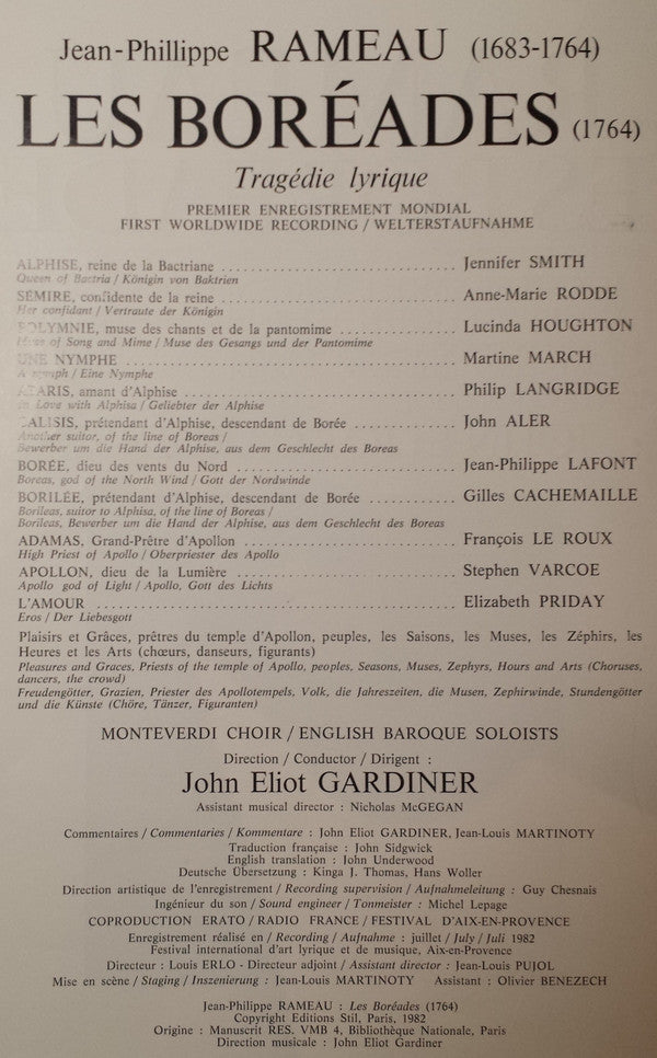 Jean-Philippe Rameau / John Eliot Gardiner, The Monteverdi Choir, The English Baroque Soloists - Jennifer Smith (3), Anne-Marie Rodde, Philip Langridge, John Aler, Jean-Philippe Lafont, Lucinda Houghton, Martine March, Elisabeth Priday, Gilles Cachemaille : Les Boréades (3xLP, Album + Box)