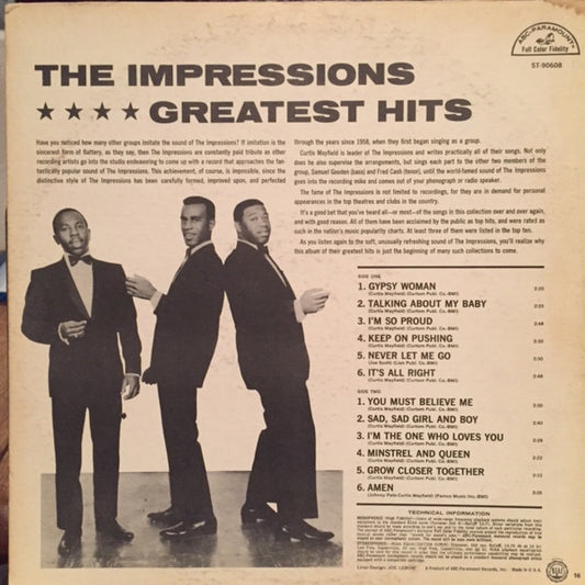 The Impressions - Greatest Hits vinyl record, LP (Very Good Plus (VG+)) | Lulo Records