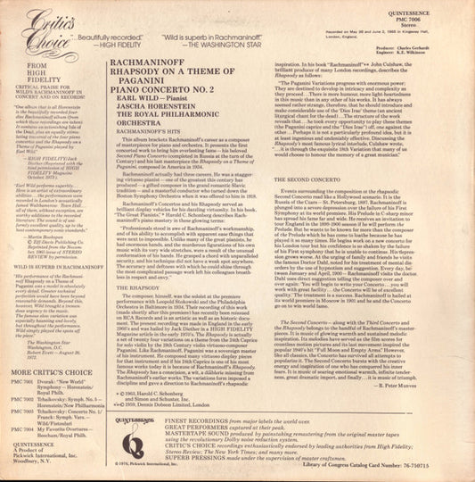 Sergei Vasilyevich Rachmaninoff, Earl Wild / Jascha Horenstein, Royal Philharmonic Orchestra - Piano Concerto No. 2 / Rhapsody On A Theme Of Paganini vinyl record, LP (Near Mint (NM or M-)) | Lulo Records