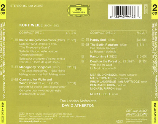 Kurt Weill - David Atherton , London Sinfonietta - Kleine Dreigroschenmusik / Mahagonny Songspiel / Happy End / Berliner Requiem / Violin Concerto vinyl record, 2xCD (Near Mint (NM or M-)) | Lulo Records