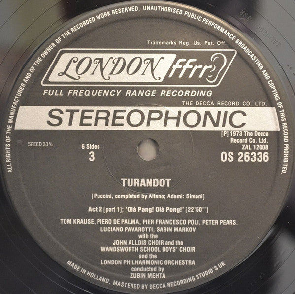 Puccini*, Sutherland*, Pavarotti*, Caballé*, Ghiaurov*, Krause*, Pears*, Mehta* : Turandot (3xLP, Album + Box, RE)