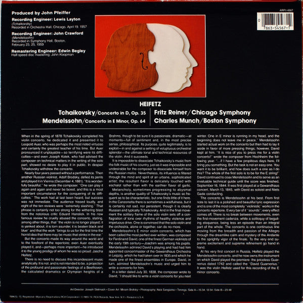 Jascha Heifetz, Pyotr Ilyich Tchaikovsky, Fritz Reiner / Chicago Symphony Orchestra, Felix Mendelssohn-Bartholdy, Charles Munch / Boston Symphony Orchestra : Concerto In D · Concerto In E Minor (LP, Album, Comp, RE, RM)