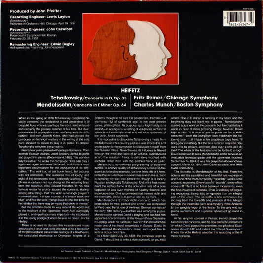 Jascha Heifetz, Pyotr Ilyich Tchaikovsky, Fritz Reiner / Chicago Symphony Orchestra, Felix Mendelssohn-Bartholdy, Charles Munch / Boston Symphony Orchestra : Concerto In D · Concerto In E Minor (LP, Album, Comp, RE, RM)