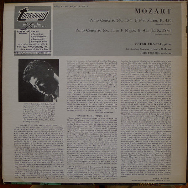 Wolfgang Amadeus Mozart, Peter Frankl, Württembergisches Kammerorchester, Jörg Faerber : Piano Concerto Nº 15 In B Flat Major, K. 450 / Piano Concerto Nº 11 In F Major, K. 413 (E.K. 387ª) (LP, Album)