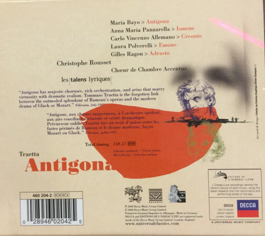 Tommaso Traetta - María Bayo | Carlo Allemano | Anna Maria Panzarella | Laura Polverelli | Gilles Ragon | Chœur de Chambre Accentus | Les Talens Lyriques | Christophe Rousset - Antigona vinyl record, 2xCD (Near Mint (NM or M-)) | Lulo Records