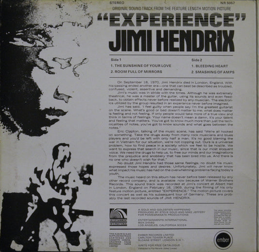 Jimi Hendrix : Original Sound Track 'Experience' (LP, Album, Gat)