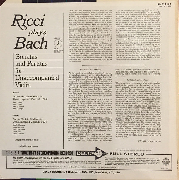Ruggiero Ricci Plays Johann Sebastian Bach : Sonatas And Partitas For Unaccompanied Violin (Sonata No. 2 In A Minor / Partita No. 2 In D Minor) Album 2 (LP, Album)
