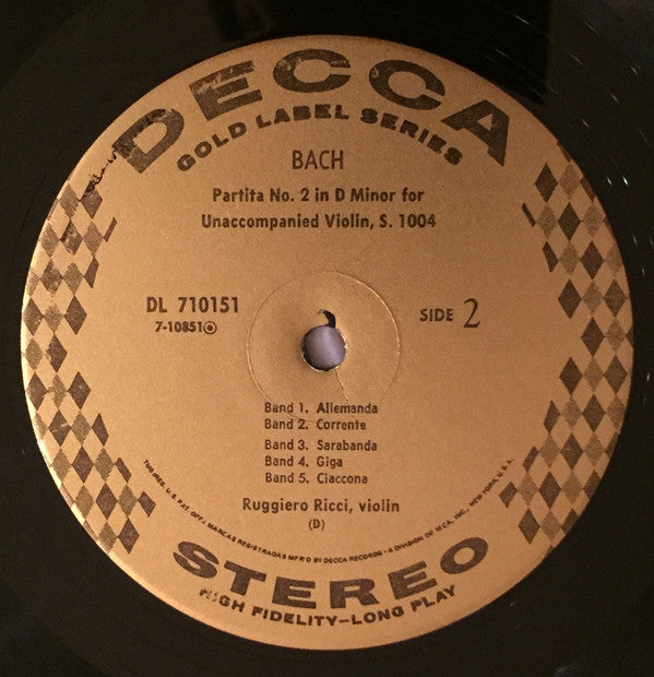 Ruggiero Ricci Plays Johann Sebastian Bach : Sonatas And Partitas For Unaccompanied Violin (Sonata No. 2 In A Minor / Partita No. 2 In D Minor) Album 2 (LP, Album)
